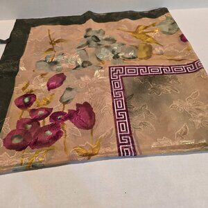 Scarf Sheer Silk-feel Embossed Leaves and Flowers 40" square 1980s